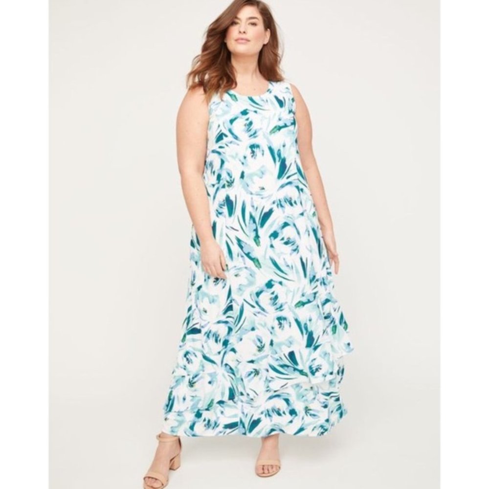 Catherine’s Black Label Floral Rush White & Teal Maxi Dress Size 1X